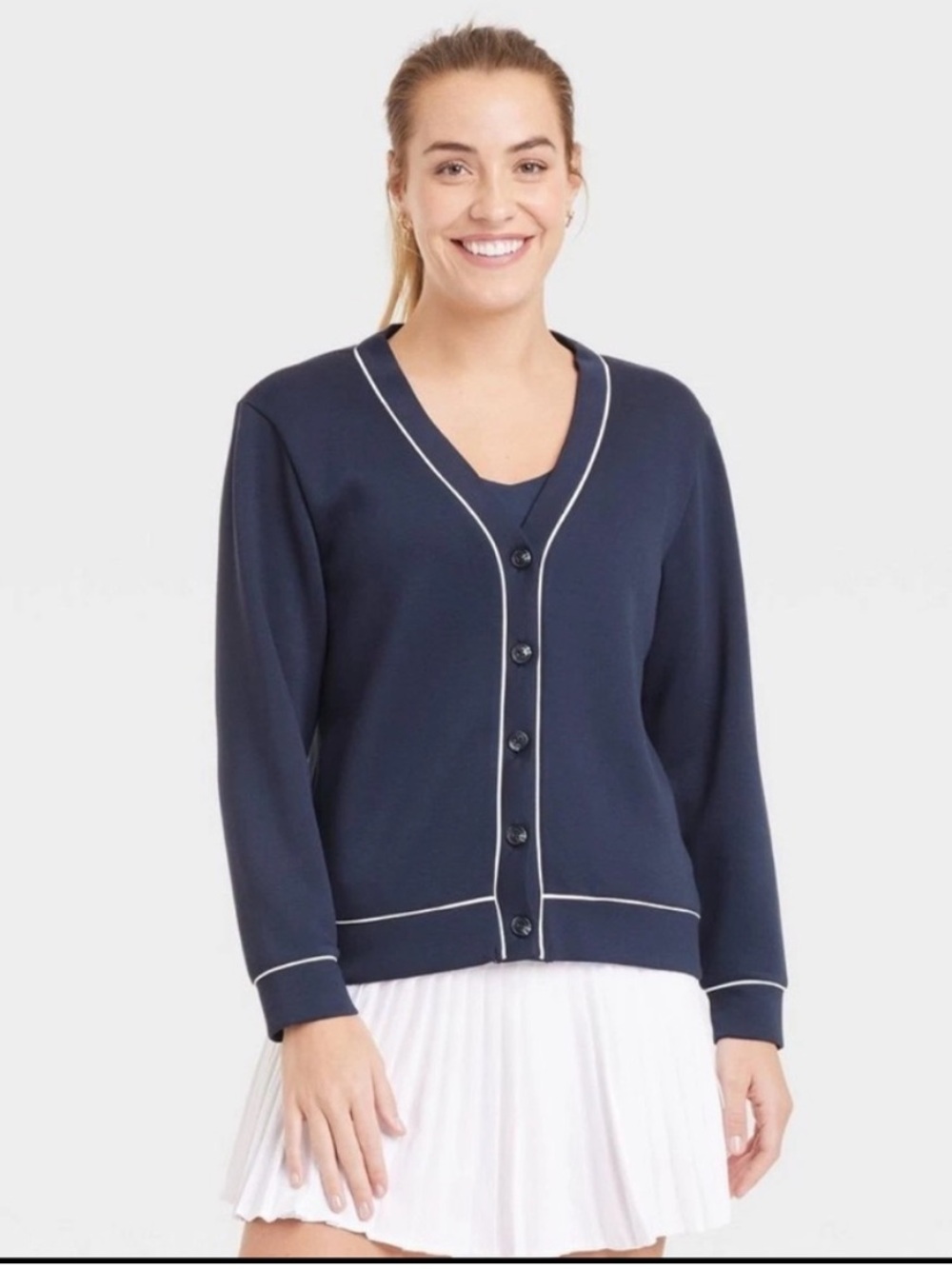 All In Motion Navy Piped White Relaxed Fit Button Up Cardigan Lightweight M NWT